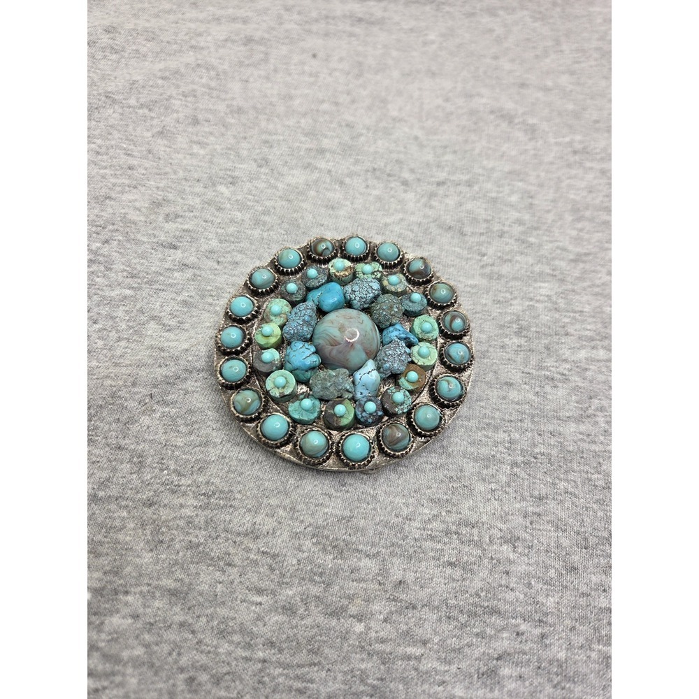 Vintage Zuni Navajo Turquoise Cluster Womens Heavy Circular Belt Buckle Rare